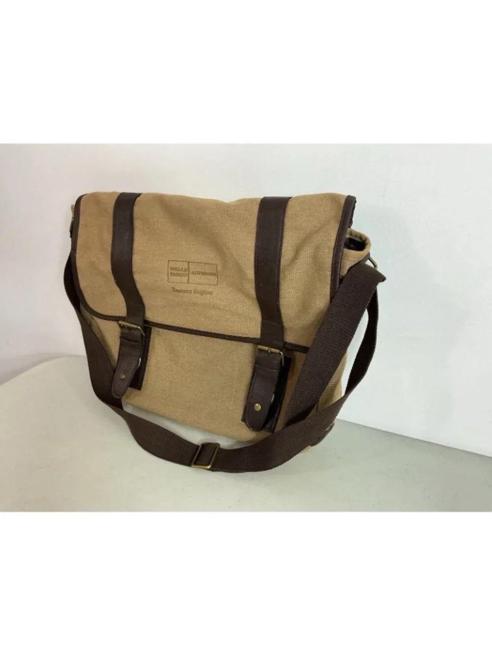 Wells Fargo Tan Canvas Brown Leather Messenger Bag Utility Crossbody